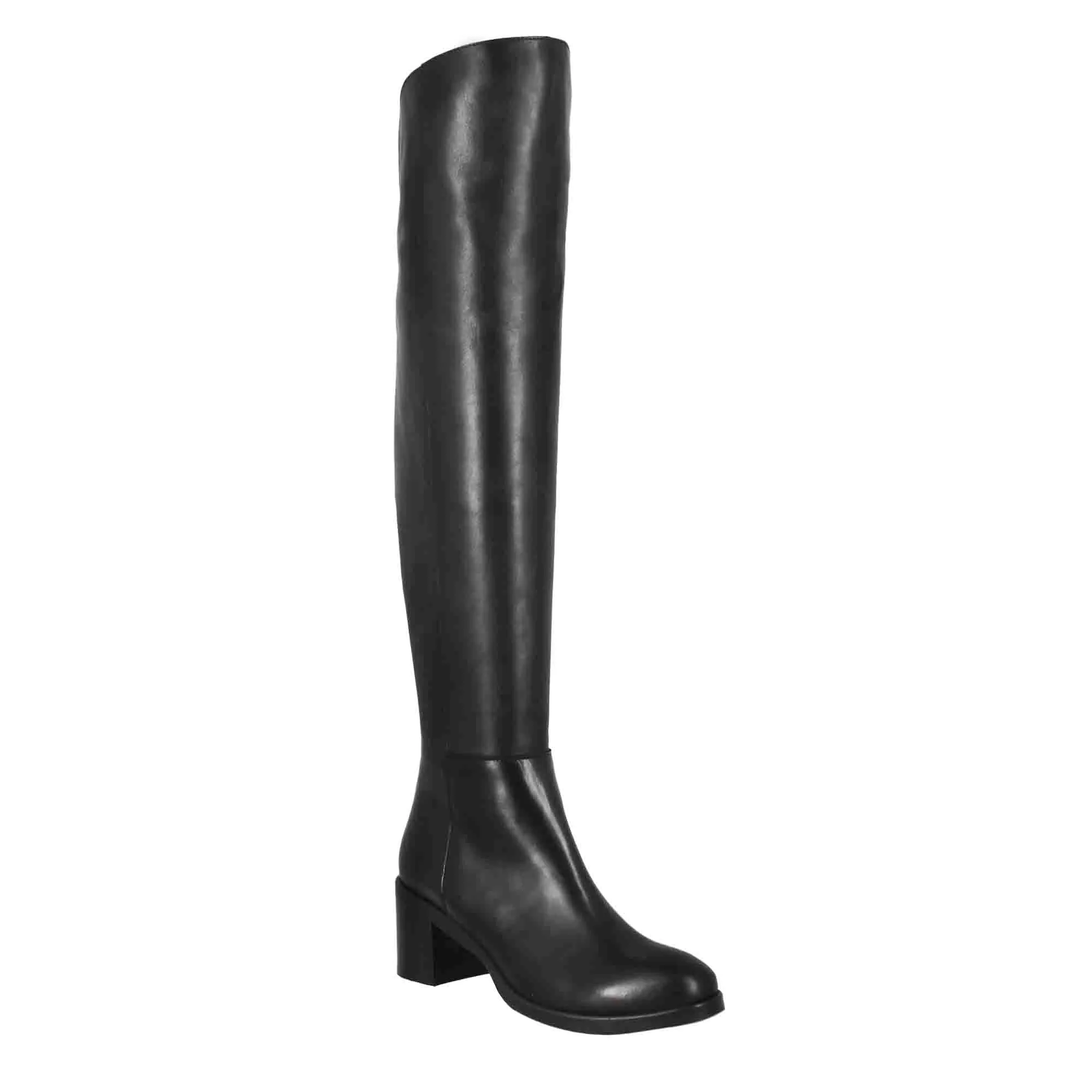 Women's smooth black leather over-the-knee boots with medium heel