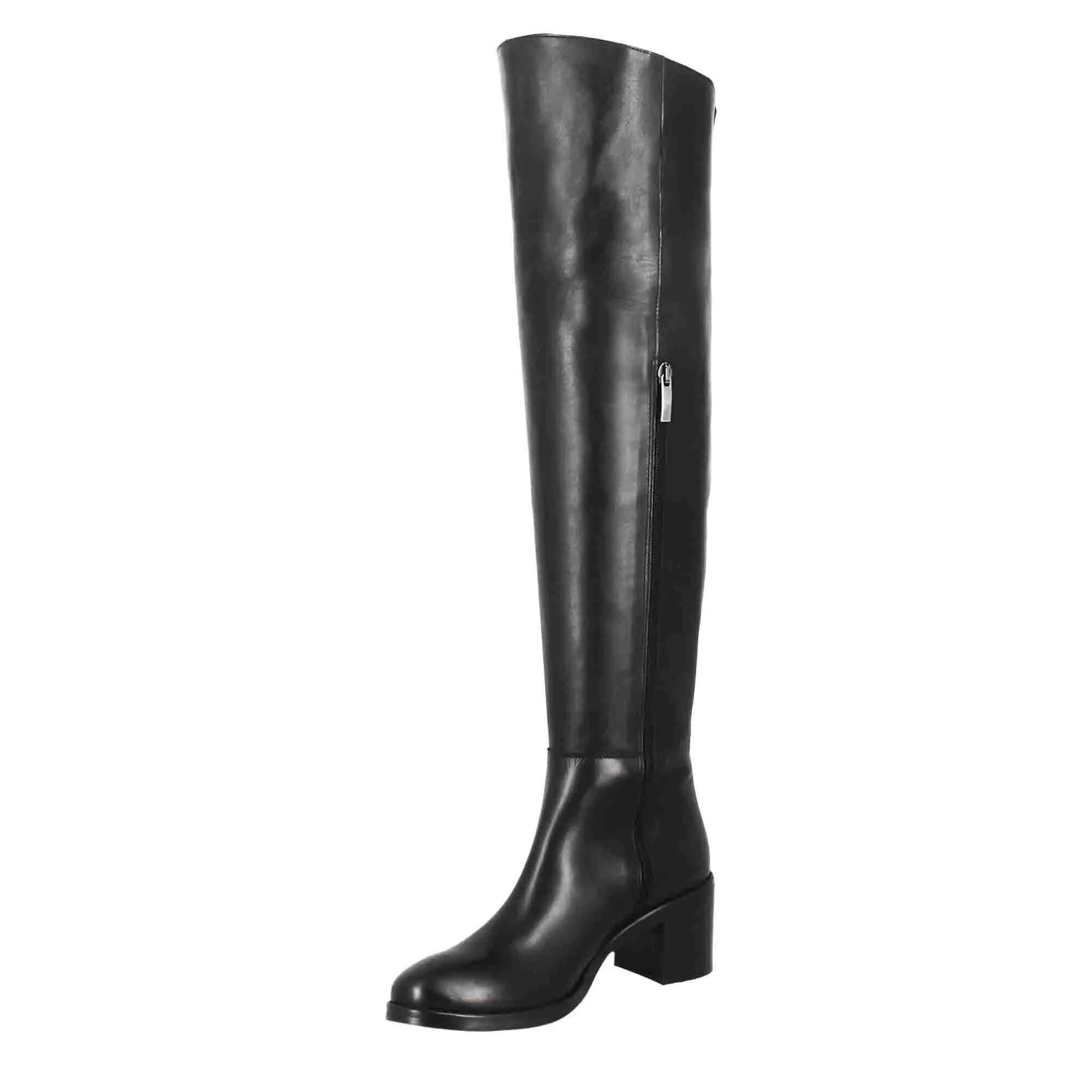 Women's smooth black leather over-the-knee boots with medium heel