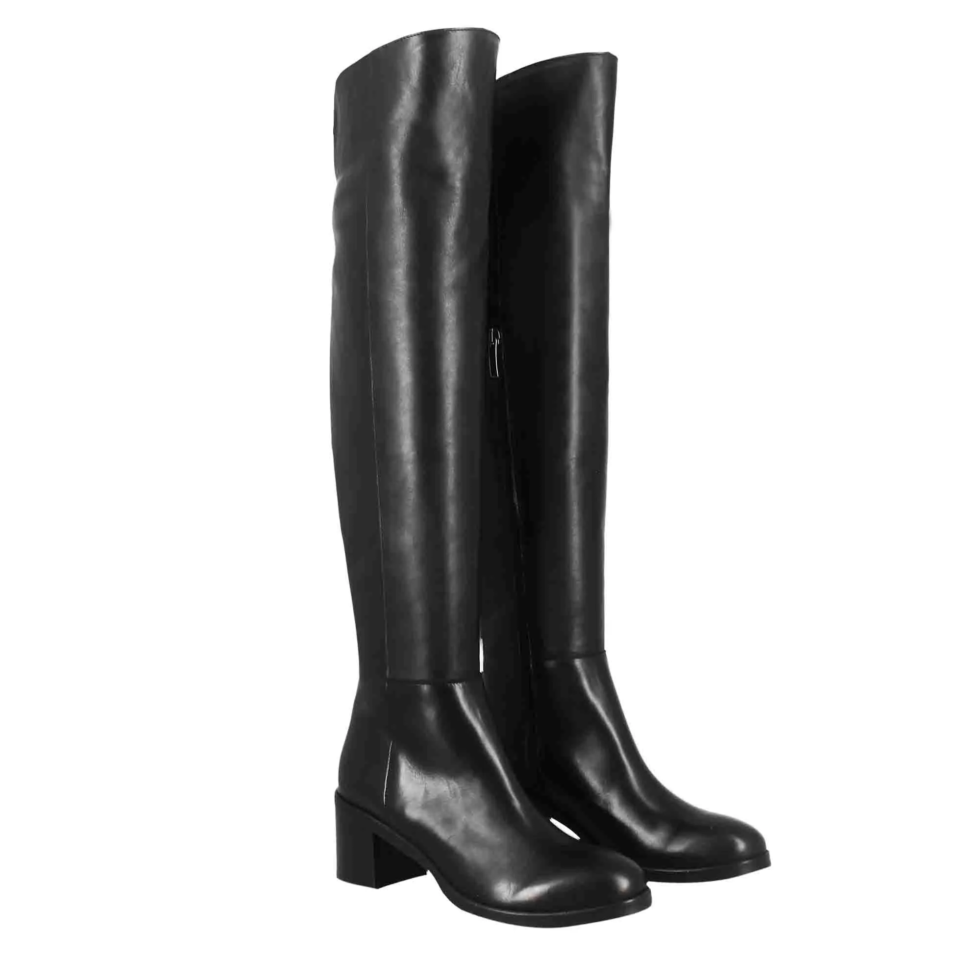 Women's smooth black leather over-the-knee boots with medium heel